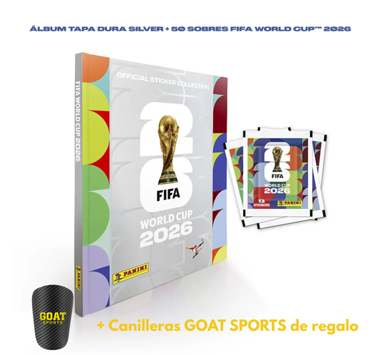 ÁLBUM TAPA DURA SILVER + 50 SOBRES FIFA WORLD CUP 2026 + CANILLERAS DE REGALO