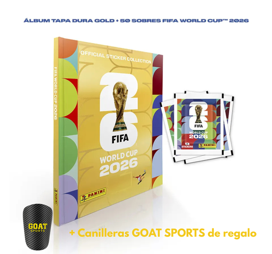 ÁLBUM TAPA DURA GOLD + 50 SOBRES FIFA WORLD CUP 2026 + CANILLERAS DE REGALO