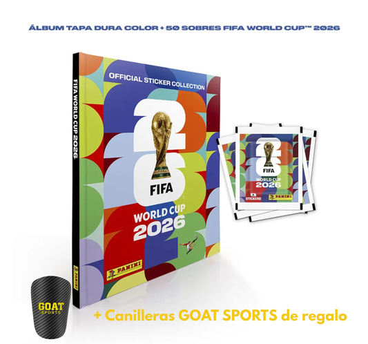 ÁLBUM TAPA DURA COLOR + 50 SOBRES FIFA WORLD CUP 2026 + CANILLERAS DE REGALO